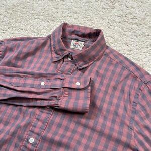 Faherty Button Down Shirt Large Red Grey Gingham Plaid Long Sleeve Stretch